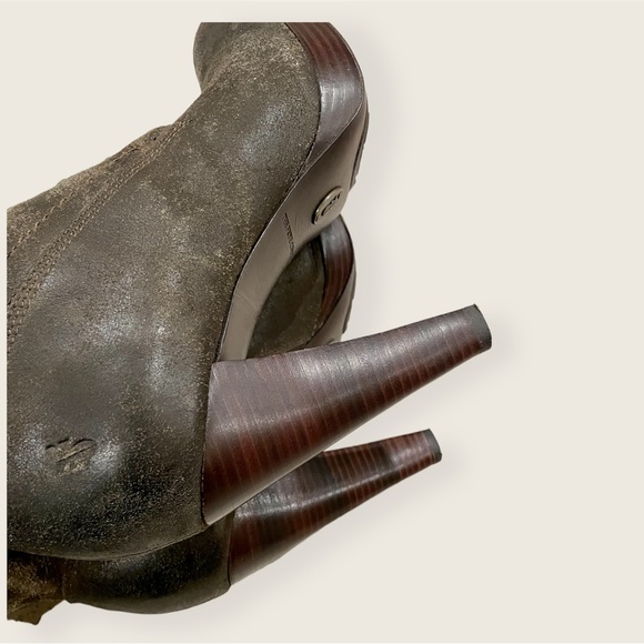 Frye Harlow Campus Lace Up Brown/Olive Green Suede Heeled Zip Up Ankle Booties - Picture 7 of 10